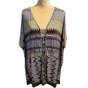 Worthington Women's Top Size XL Boho Hippie Geometry Print Lace-Up Caftan Poncho